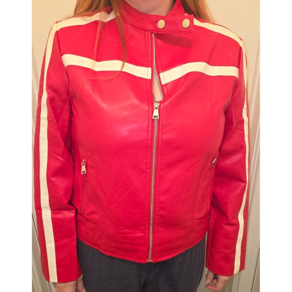 Women's Red Faux Leather Zip Up Moto Biker Y2K Racing Bomber Jackets